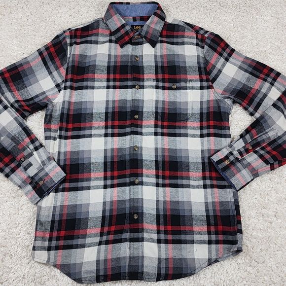 Lee Flannel Shirt Mens Medium Gray Plaid Warm Winter Button Up Long Sleeve - Picture 2 of 11